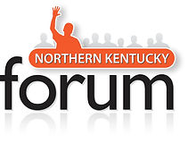 An orange banner with a man raising his hand.  The words Northern Kentucky Forum.